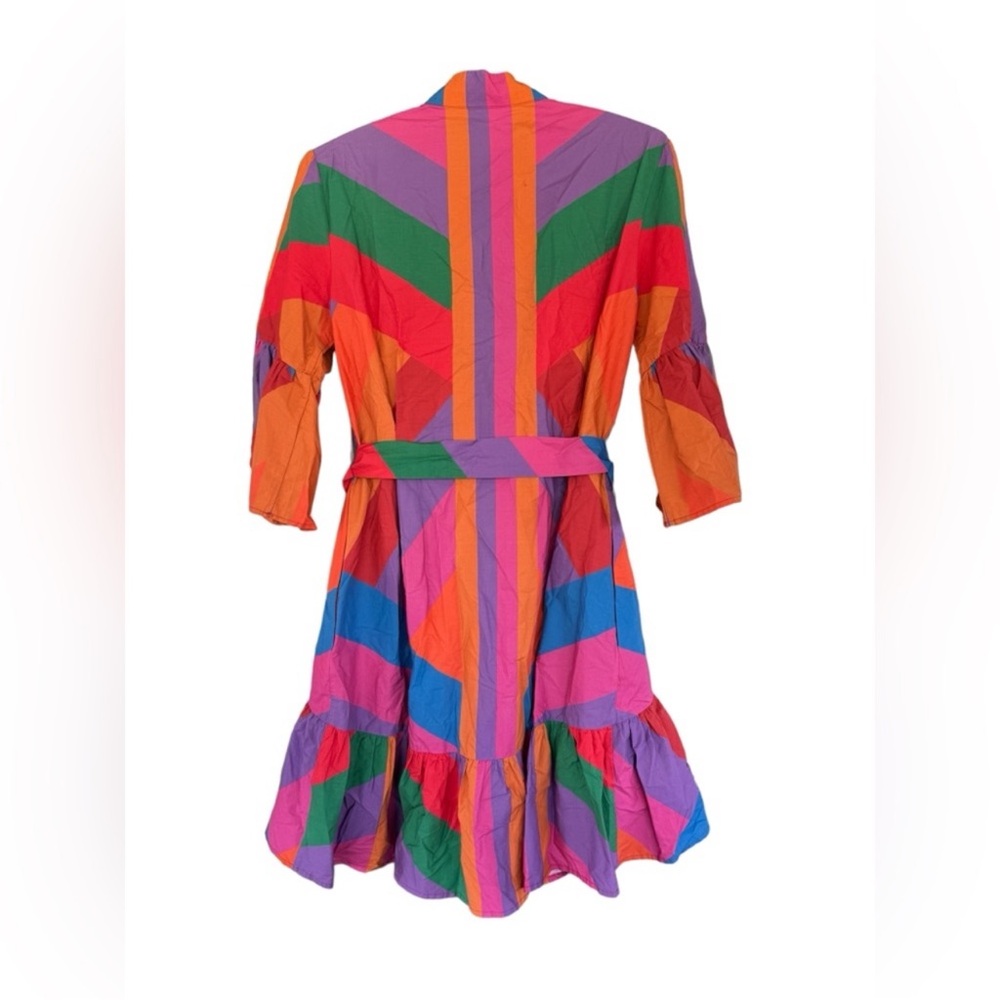 Farm Rio Amanda Stripes Colorful Striped Mini Tiered Ruffle Button Front Dress - Picture 2 of 6